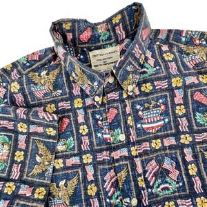 VTG Reyn Spooner Dietrich Varez Patriotic Hawaiian Shirt Mens L Blue Flag USA